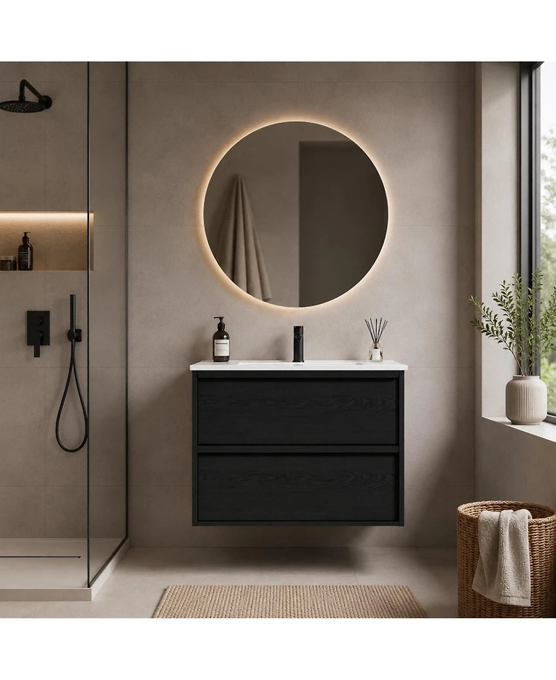 Phying 30 Inch Bathroom Vanity Cabinet With Ceramic Sink Modern Wall Mounted Floating Fluted Vanity With Drawers