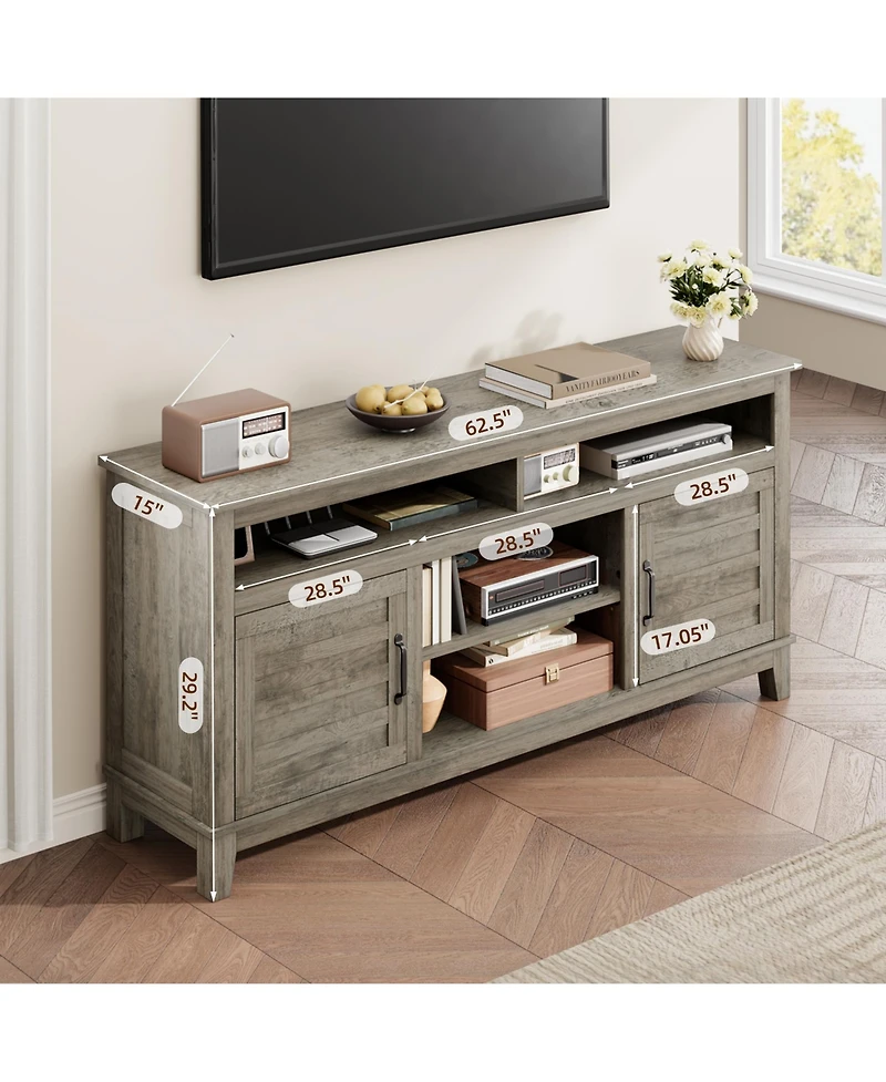 homfan 63 Inch Brown Farmhouse Wood Tv Stand, Entertainment Center with Adjustable Shelves, Tv Stand with Cabinet Doors, for Living Room, Bedroom