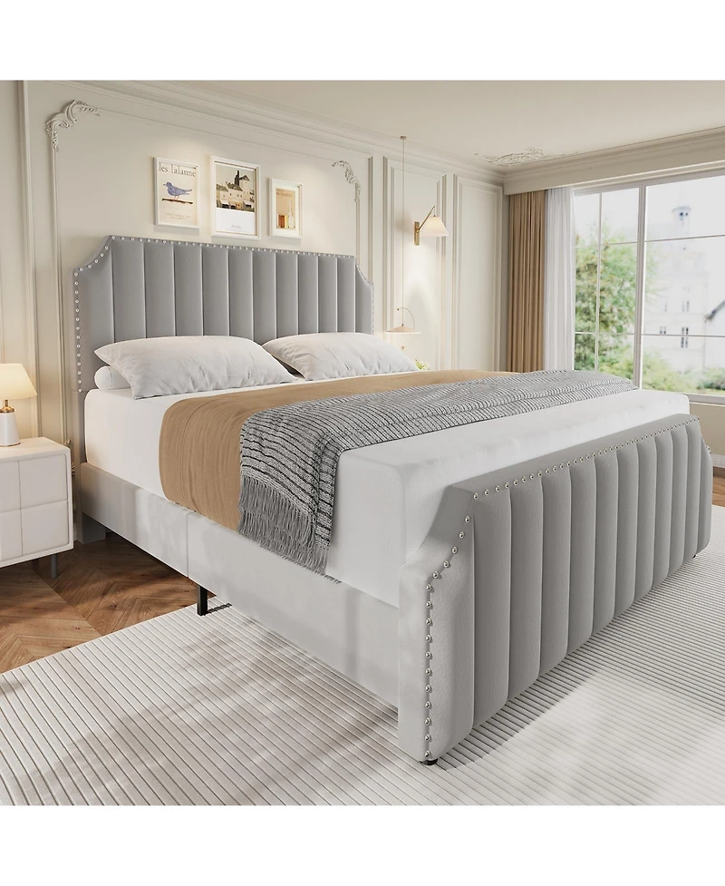 homfan Velvet Bed Frame, 50.2" Tall Headboard and Footboard, Upholstered Platform Bed with Nailhead Trim, No Box Spring Needed