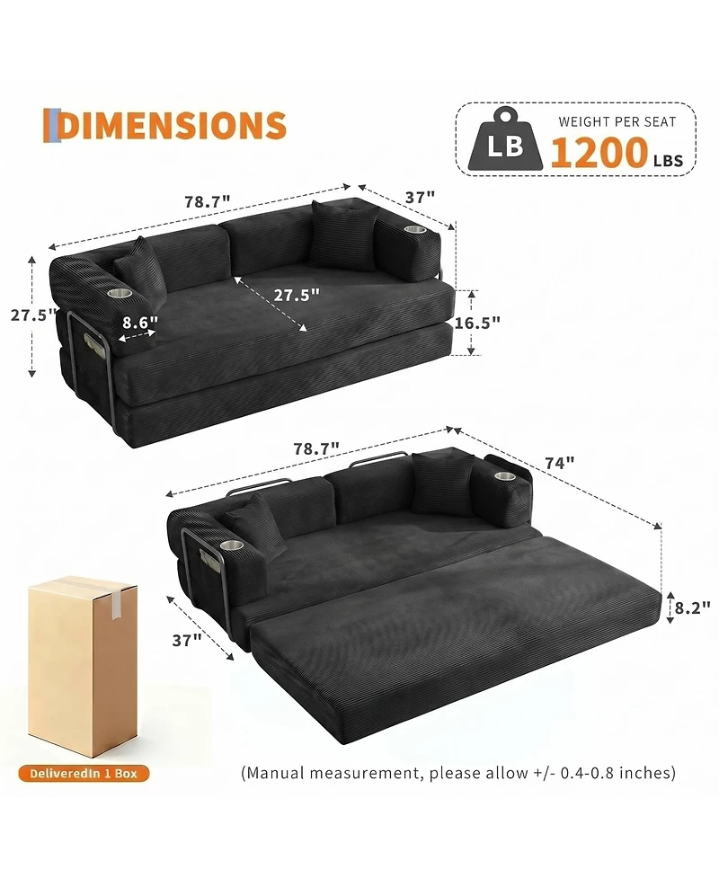 homfan 5-in-1 Convertible Sofa Bed, Corduroy Floor with 4 Pillows, 2 Cup Holders and Deep Seat Cushion for Small Spaces