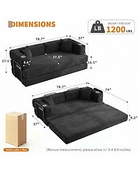 homfan 5-in-1 Convertible Sofa Bed, Corduroy Floor with 4 Pillows, 2 Cup Holders and Deep Seat Cushion for Small Spaces