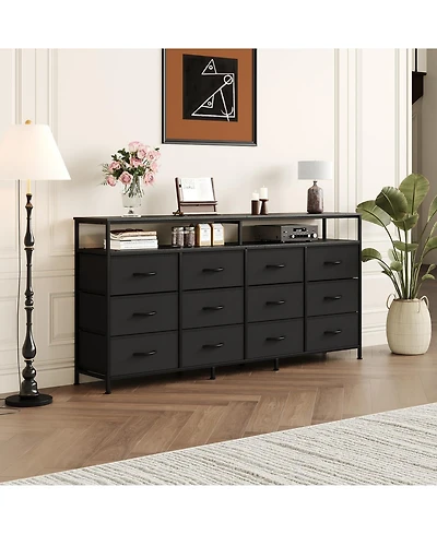 homfan 63-Inch Fabric Long Dresser with 12 Drawers - Tv Stand Fits Up to 70 Inch Modern Storage Cabinet Open Shelf