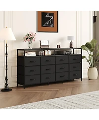 homfan 63-Inch Fabric Long Dresser with 12 Drawers - Tv Stand Fits Up to 70 Inch Modern Storage Cabinet Open Shelf