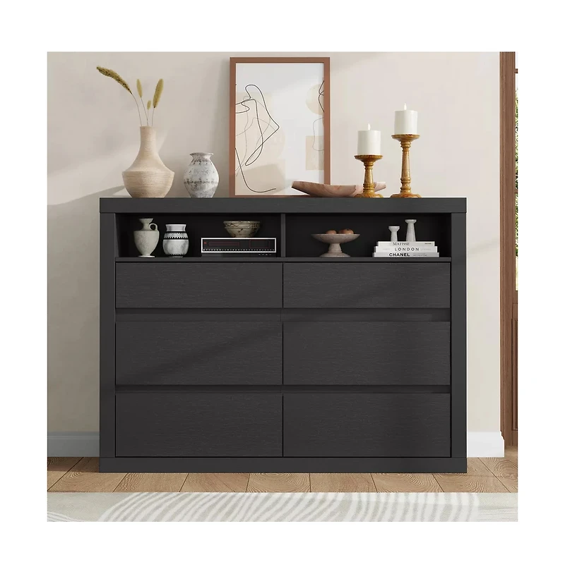 homfan 6 Drawer Dresser for Bedroom, Modern Mid Century Chest of Drawers with 2 Open Shelves, 47" Wooden Double Tv Stand Closet