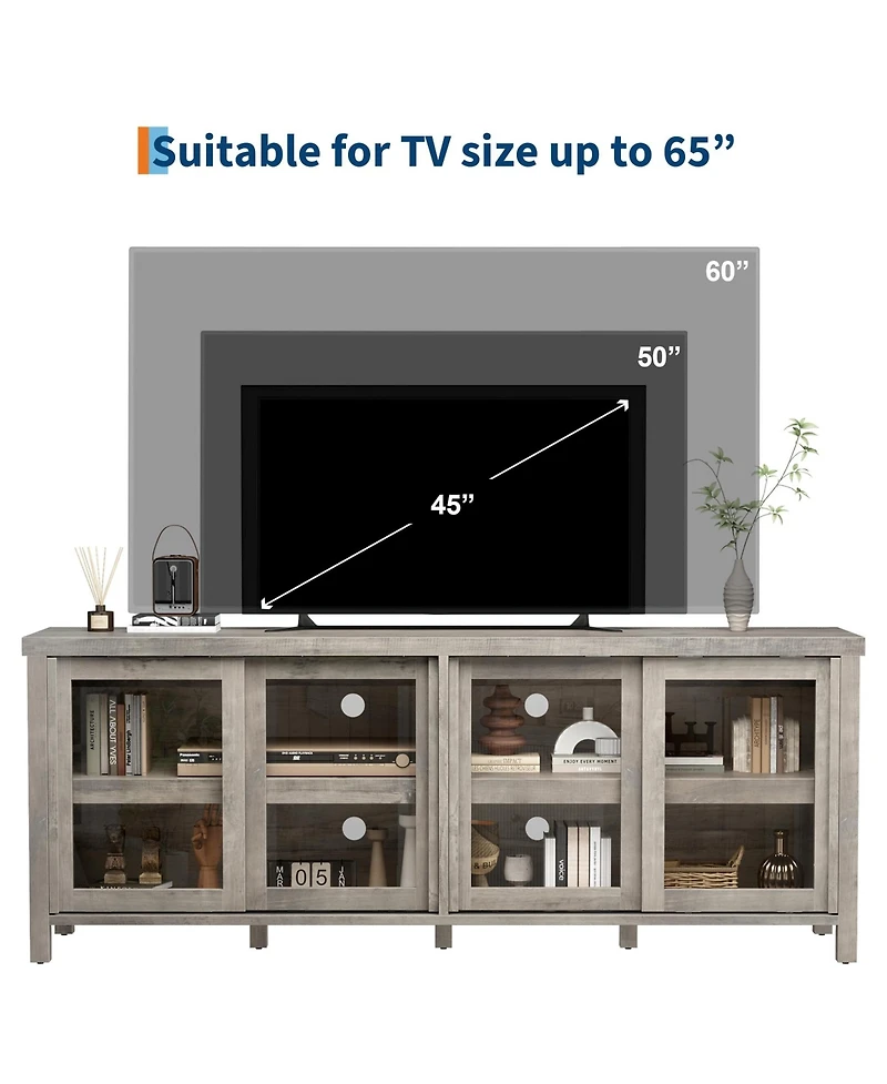 homfan Modern Tv Stand for 65 Inch, Entertainment Center with Storage Cabinet, 4 Sliding Glass Doors, Mid Century Media Console Table for Living Room