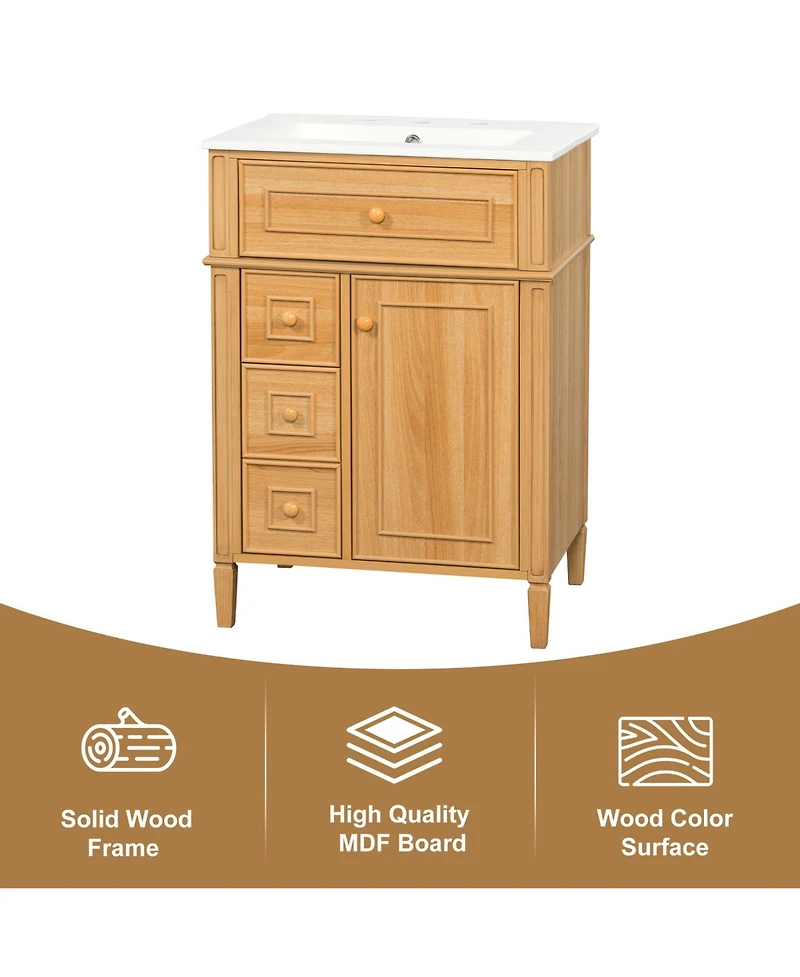 Phying 24 Inch Bathroom Vanity with Sink Solid Wood Vanity Cabinet with Flip Out Drawer 2 Soft Close Drawers Freestanding Bathroom Storage Cabinet
