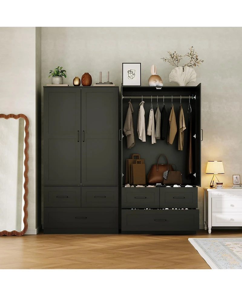 homfan Modern Wooden Wardrobe Closet for Bedroom, 70" Freestanding Armoire Cabinet with Hanging Rod, 3 Deep Storage Drawers, Tall Clothes Organizer