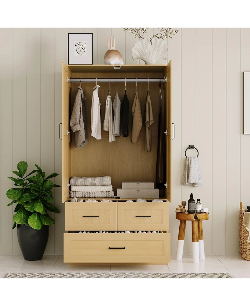 homfan Modern Wooden Wardrobe Closet for Bedroom, 70" Freestanding Armoire Cabinet with Hanging Rod, 3 Deep Storage Drawers, Tall Clothes Organizer