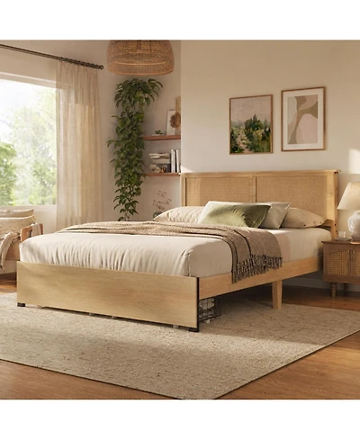 homfan Boho Rattan Headboard Platform Bed With Storage Drawers, Wood Frame, Metal Slat Support, No Box Spring Needed