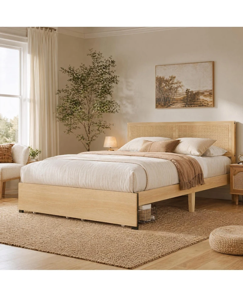homfan Boho Rattan Headboard Platform Bed With Storage Drawers, Wood Frame, Metal Slat Support, No Box Spring Needed
