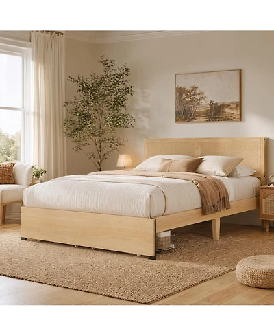 homfan Boho Rattan Headboard Platform Bed With Storage Drawers, Wood Frame, Metal Slat Support, No Box Spring Needed