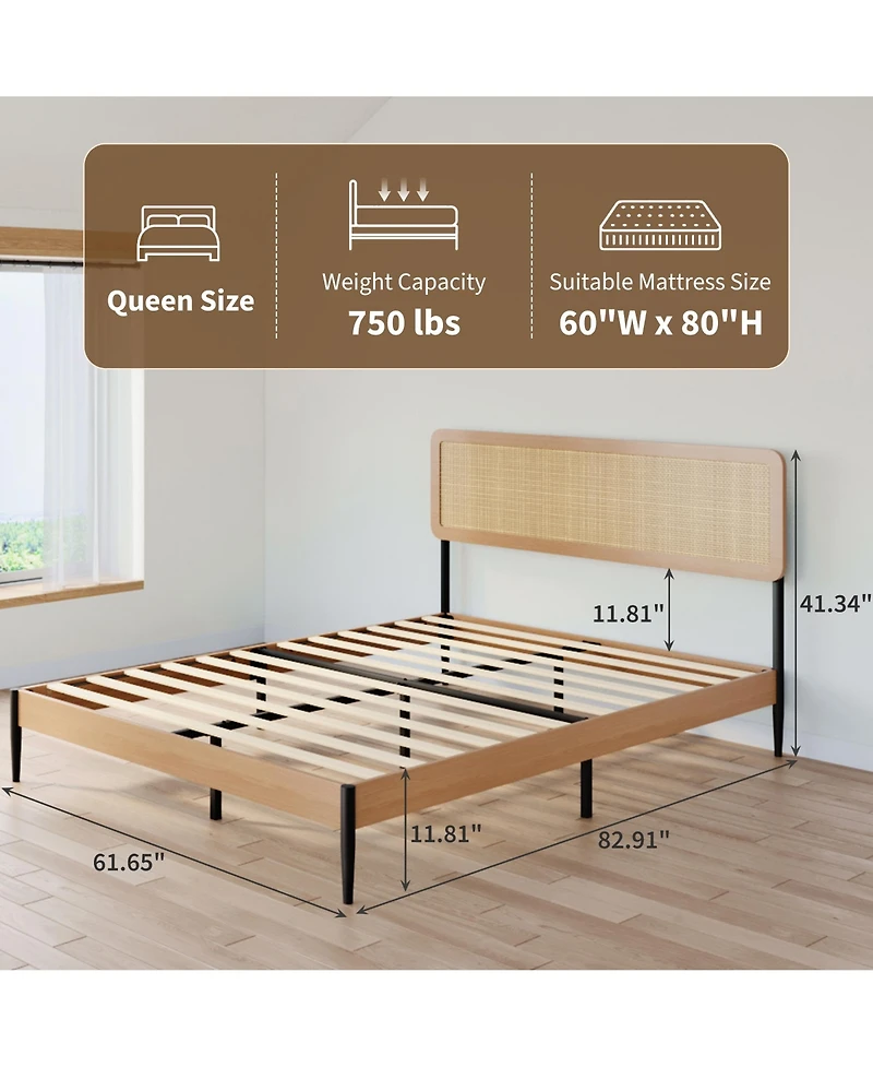 homfan Rattan Bed Frame, Wooden Platform with Headboard and Under Storage for Bedroom