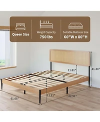 homfan Rattan Bed Frame, Wooden Platform with Headboard and Under Storage for Bedroom