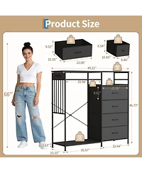 homfan 6 Drawer Dresser, 49 Inch Wood Tall Storage Cabinet with Hanging Rack and Led Lights for Bedroom Living Room Entryway