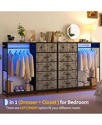homfan 6 Drawer Dresser, 49 Inch Wood Tall Storage Cabinet with Hanging Rack and Led Lights for Bedroom Living Room Entryway