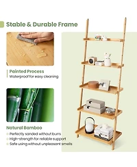 Gymax 5-Tier Bamboo Ladder Shelf Wall-Leaning Bookshelf Display Bookcase Storage Rack