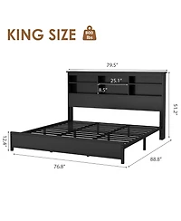 homfan Bed Frame with Bookcase Headboard, 2-Tier Storage Platform Bed with Charging Station, No Box Spring Needed
