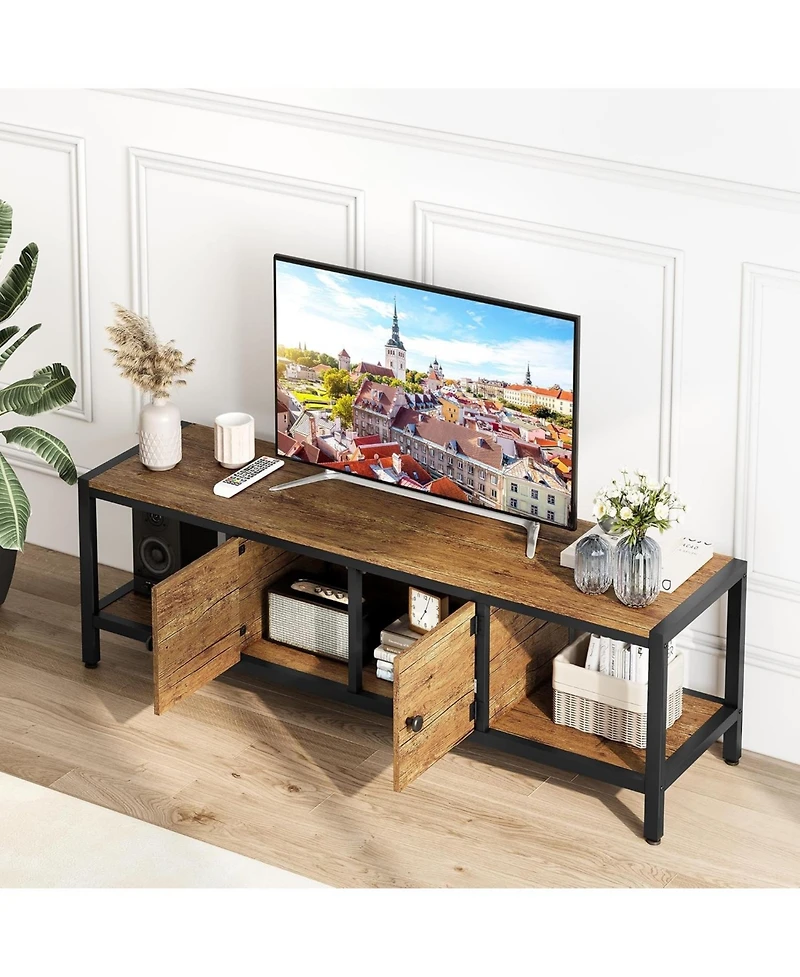 homfan Double Door Tv Cabinet with Metal Accents, 58 Inch Media Console Storage for Living Room Entertainment