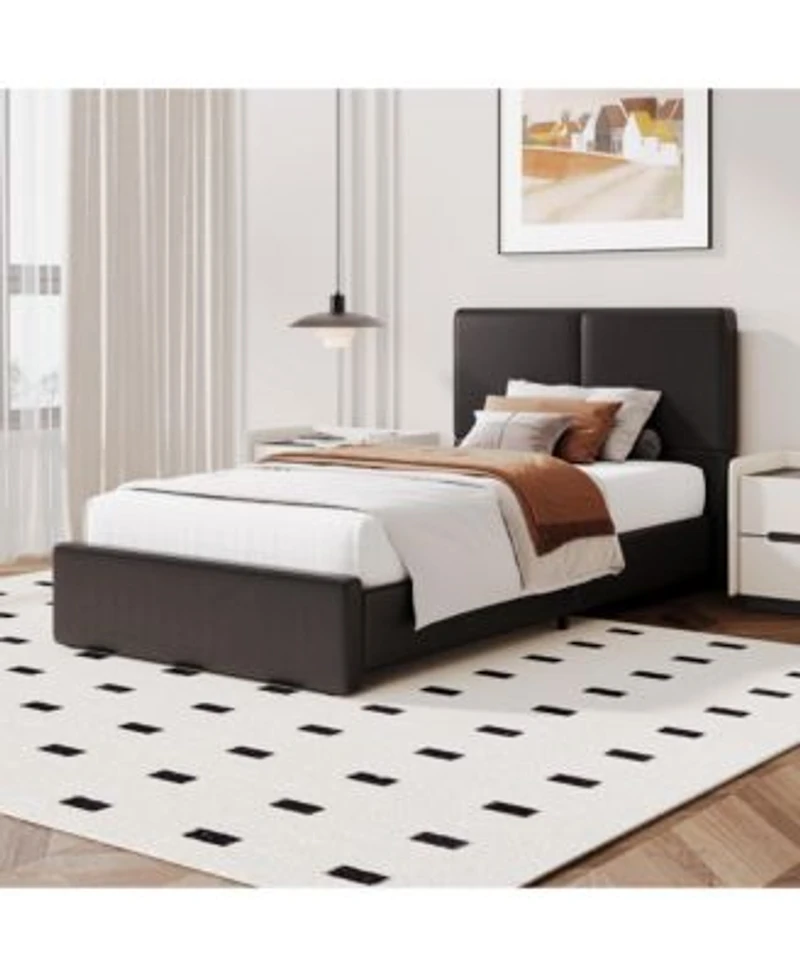 Homfan Modern Corduroy Upholstered Platform Bed With Textured Headboard Silent Wooden Slats Convenient Installation