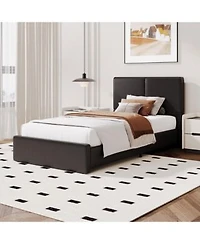 Homfan Modern Corduroy Upholstered Platform Bed With Textured Headboard Silent Wooden Slats Convenient Installation