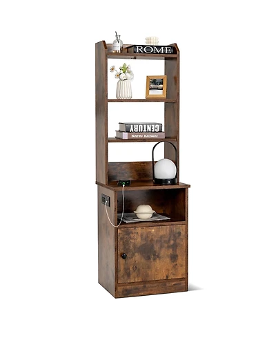 Gymax Nightstand Bedside End Side Table Bookshelf with Charging Station