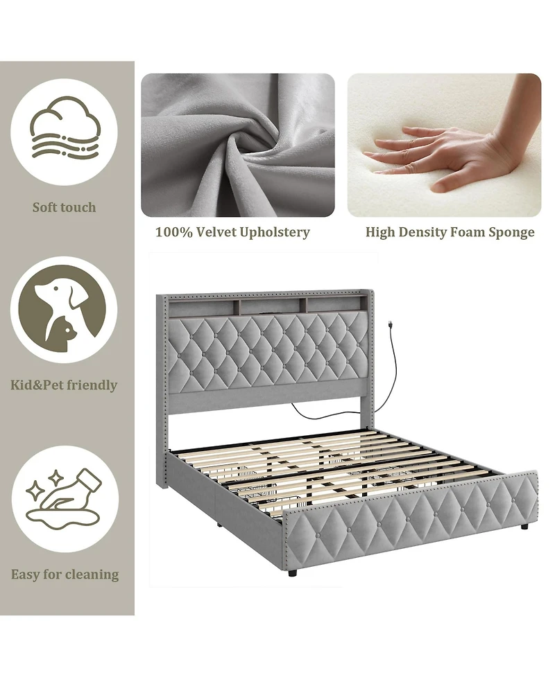 homfan Upholstered Platform Bed Frame, Tall Soft Headboard, 4 Storage Drawers, Usb Charging, Led Lights, Noise-Free, No Box Spring Needed