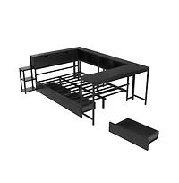 Lucky One Full Size Corner Bed Frame with Bookcase, 2 Under-Bed Drawers, Led Lights, Charging Station, Left or Right Assembly