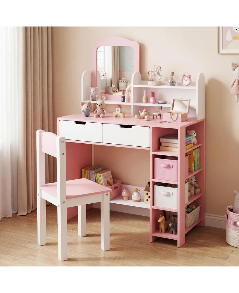 Slickblue Kids Vanity Set with Chair and Mirror Storage Shelves and Drawers