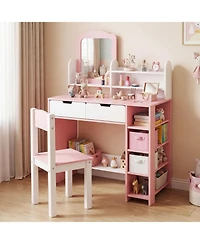 Slickblue Kids Vanity Set with Chair and Mirror Storage Shelves and Drawers
