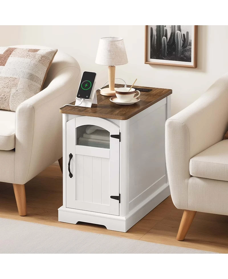 Slickblue Modern Side Table with Charging Station, Glass Door and Adjustable Shelf