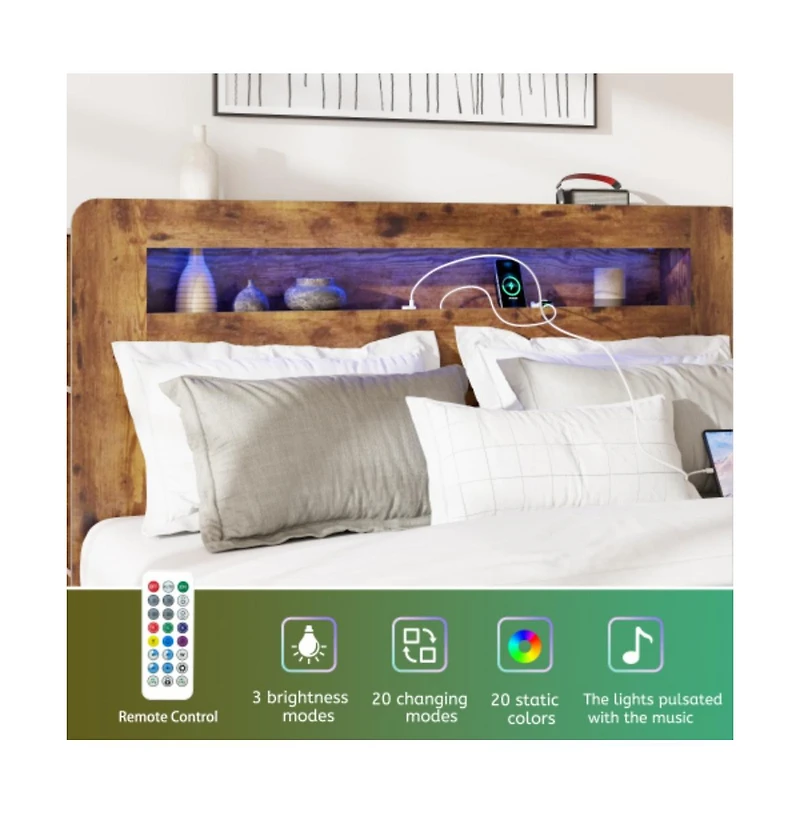 Lucky One King Size Wood Platform Bed Frame with Storage Led Headboard, Usb Charging, Wood Slats