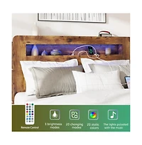 Lucky One King Size Wood Platform Bed Frame with Storage Led Headboard, Usb Charging, Wood Slats
