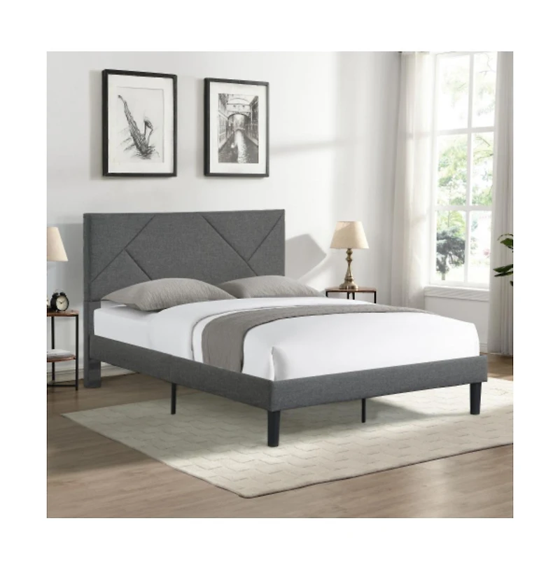 Lucky One Queen Size Upholstered Platform Bed Frame with Headboard, Strong Wood Slat Support, No Box Spring Needed, Easy Assembly