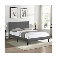 Lucky One Queen Size Upholstered Platform Bed Frame with Headboard, Strong Wood Slat Support, No Box Spring Needed, Easy Assembly
