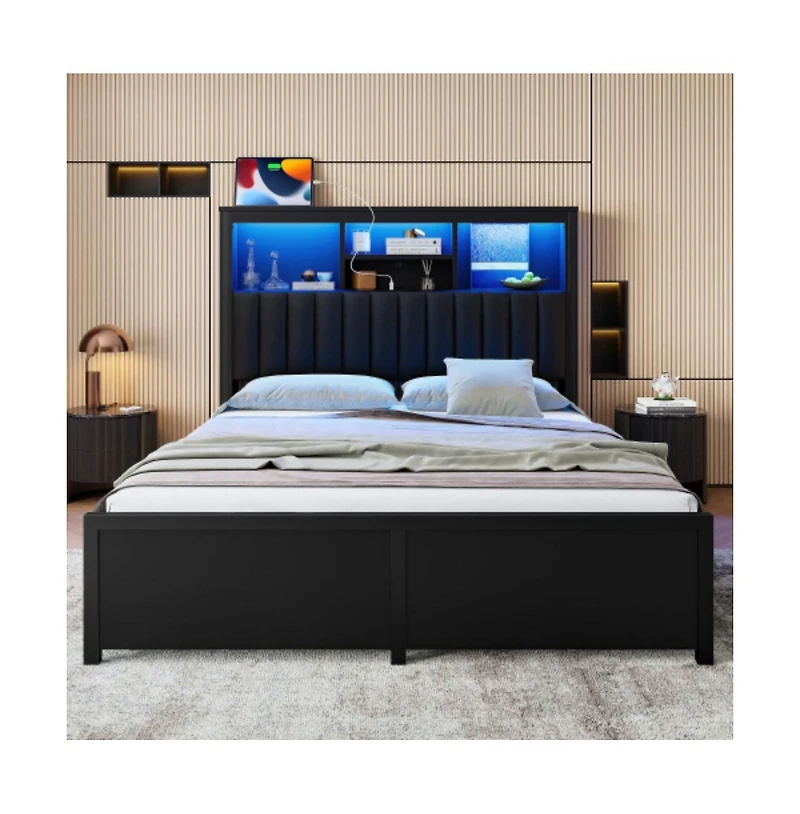 Lucky One King Size Bed Frame with High Storage Headboard, Led Lights, Usb Charging Station, 4 Drawers, All-Metal Support, 1200lbs