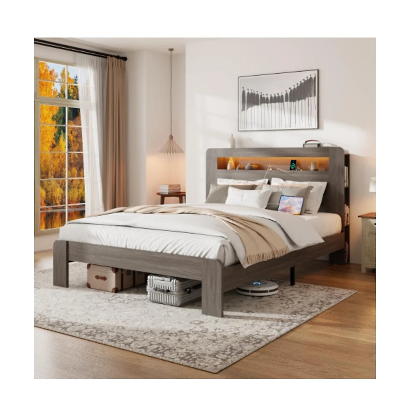 Lucky One Queen Size Wood Platform Bed Frame with Storage Led Headboard, Usb Ports, Wood Slats, No Box Spring Needed, Under-Bed Storage