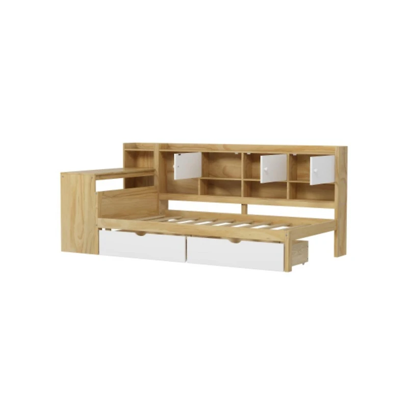 Lucky One Twin Size Wooden L-Shape Daybed with 7 Storage Cabinets, 2 Drawers, Study Desk, Bookshelf, No Box Spring Needed