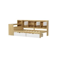 Lucky One Twin Size Wooden L-Shape Daybed with 7 Storage Cabinets, 2 Drawers, Study Desk, Bookshelf, No Box Spring Needed