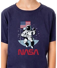 Nasa Boys Retro Letter Logo Thumbs Up Astronaut Crewneck T-Shirt