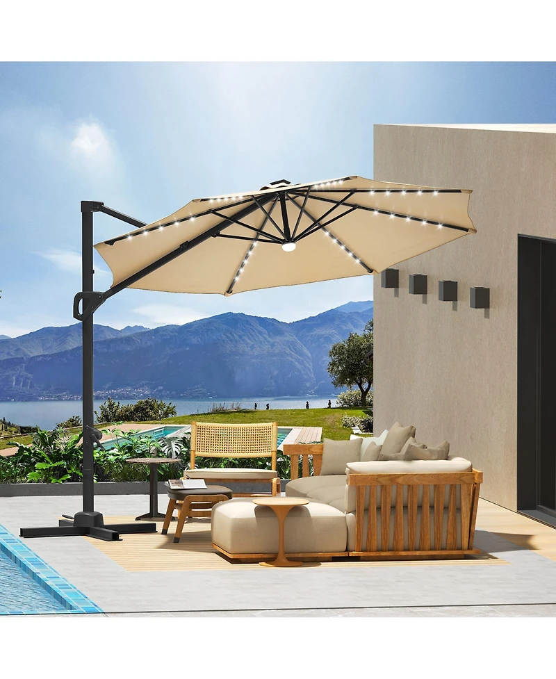 homfan 10Feet Solar Led Cantilever Patio Umbrella, 360degree(s) Rotation, Adjustable Tilt, Cross Base And Uv Fabric, for Patio, Pool Garden