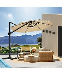 homfan 10Feet Solar Led Cantilever Patio Umbrella, 360degree(s) Rotation, Adjustable Tilt, Cross Base And Uv Fabric, for Patio, Pool Garden