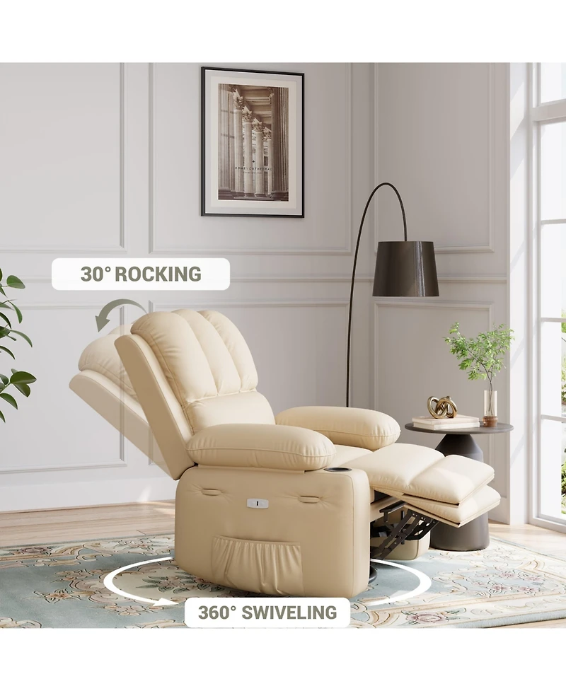 homfan Pu Leather Swivel Rocker Electric Recliner, Oversized Single Sofa with Massage and Heat, Usb Ports, Cup Holders Side Pocket for Bedroom
