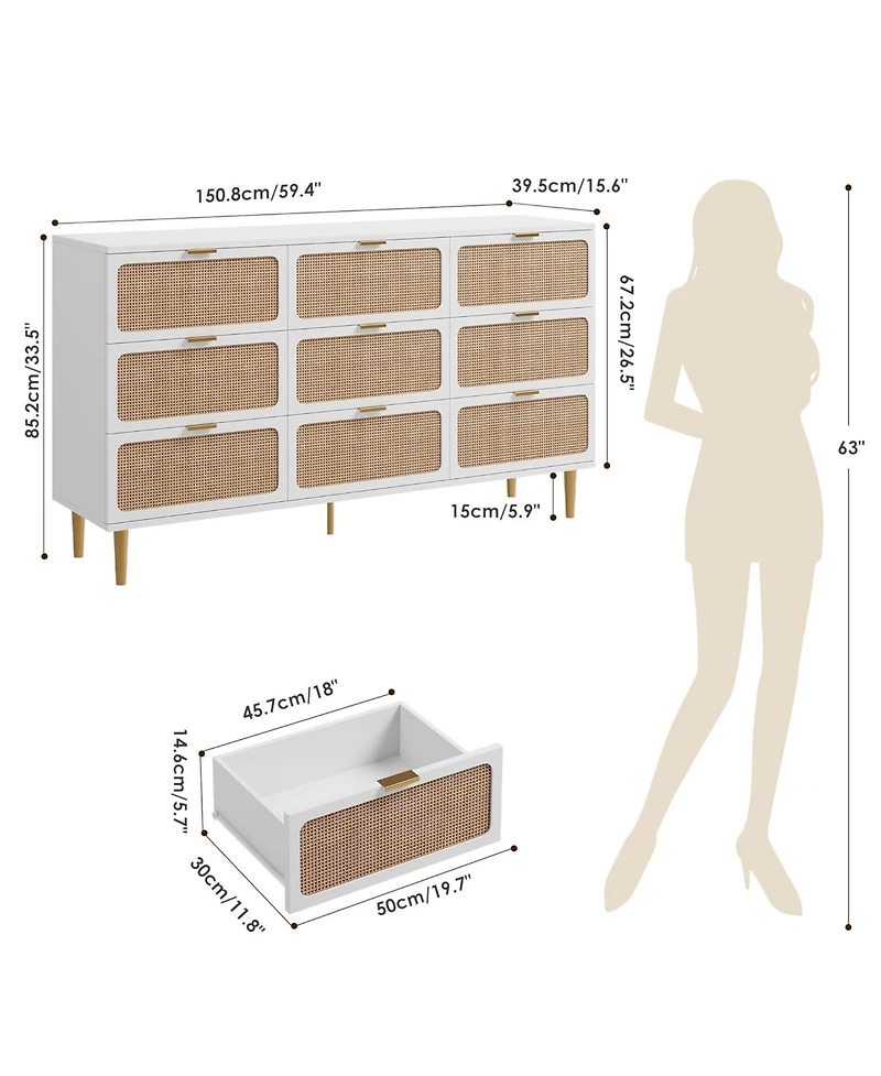 gaomon Rattan 9-Drawer Dresser, Tall Modern Closet with Deep Storage