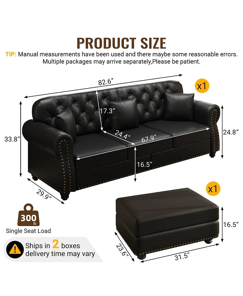 Maison Boucle 82.6'' Faux Leather Sofa with Ottoman, Nailhead Tufted, Wood Frame