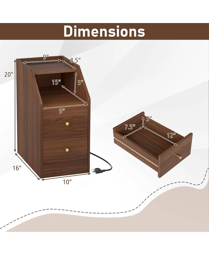 Slickblue End Table with Charging Station, Sofa Side Table with Drawers and Storage Shelf