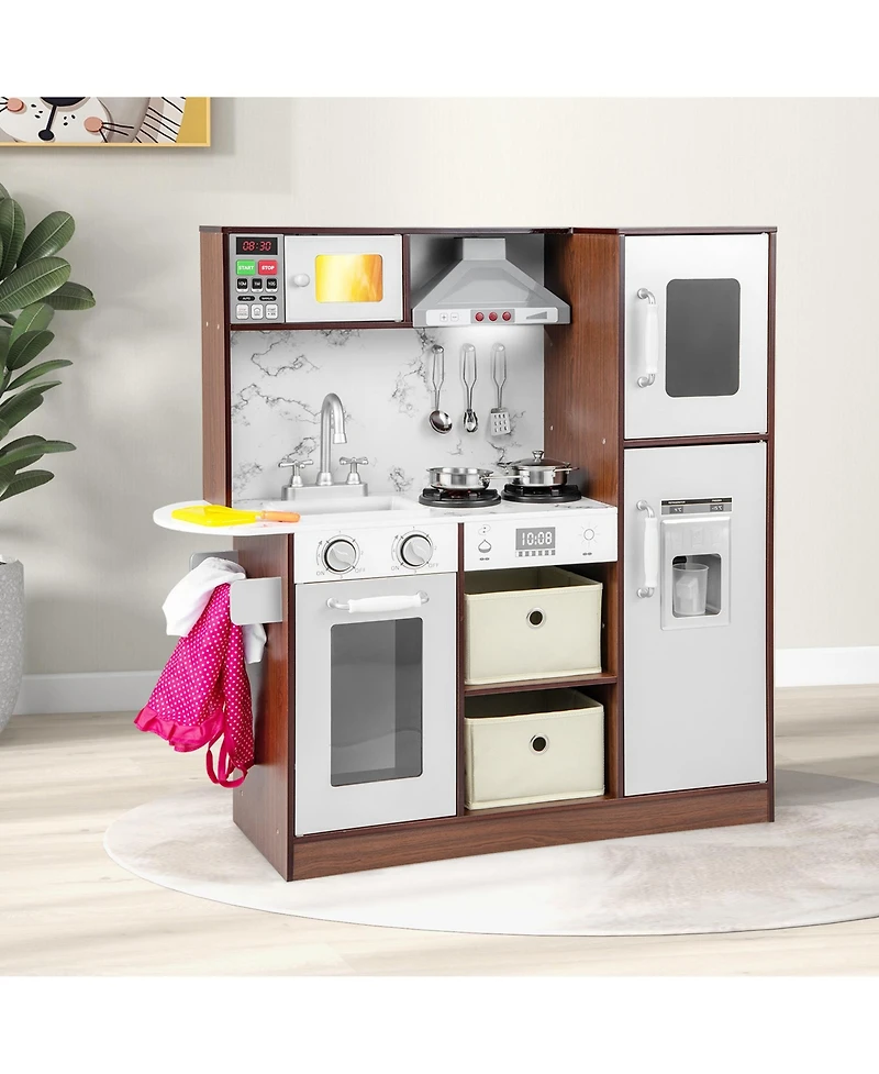 Gymax Kids Kitchen Playset with Attractive Lights and Sounds Range Hood Microwave Ice Maker