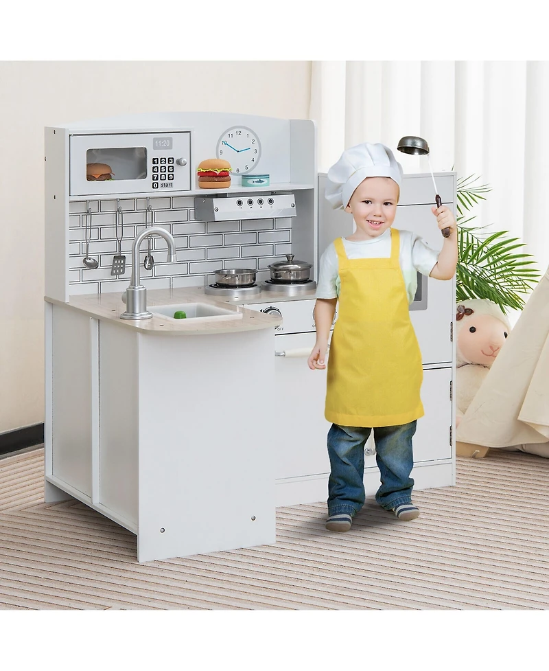 Gymax Kid's Corner Kitchen Playset Wooden Chef Play with Sink Stove Range Hood Utensils