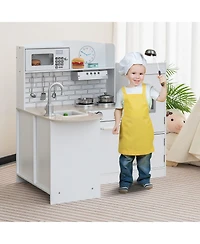 Gymax Kid's Corner Kitchen Playset Wooden Chef Play with Sink Stove Range Hood Utensils