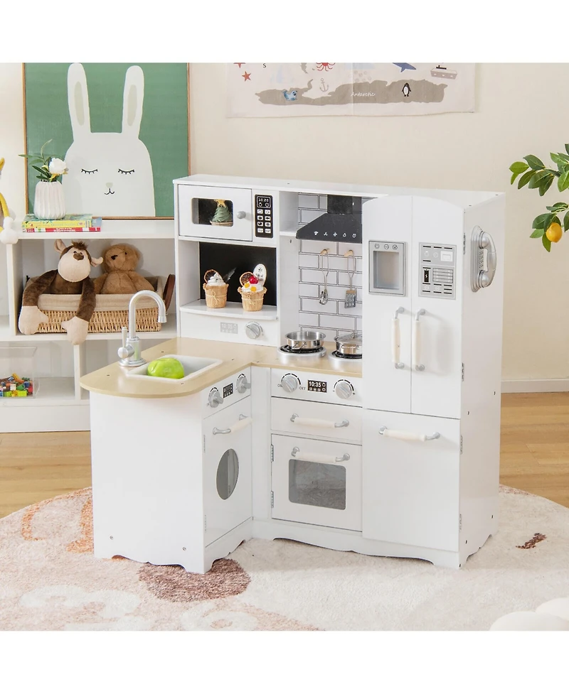 Gymax Kid's Corner Kitchen Playset Wooden Chef Play with Stove Utensils and Refrigerator
