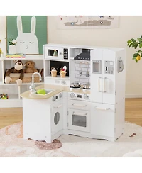 Gymax Kid's Corner Kitchen Playset Wooden Chef Play with Stove Utensils and Refrigerator